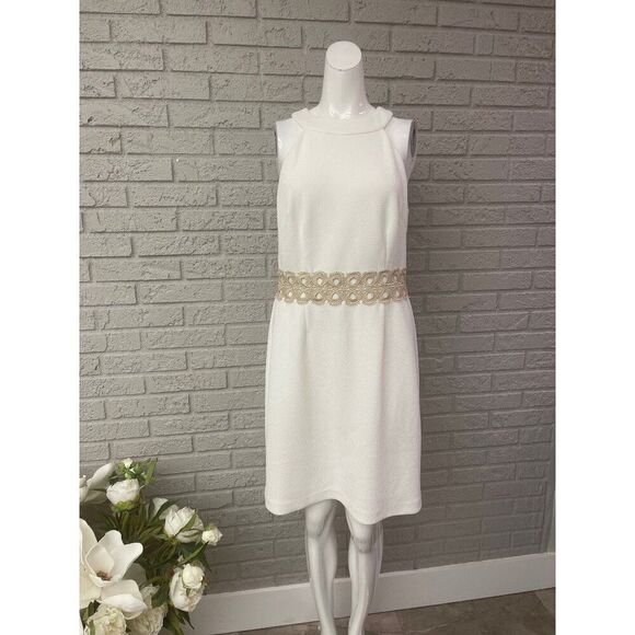 Vince Camuto Women Textured White/Gold Trim Sheath Halter Dress Size 10 - Picture 1 of 6